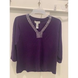 Cathy Daniels Women Top Sz 1X Purple Embroidery Sequin V Neck Boho Tunic Blouse